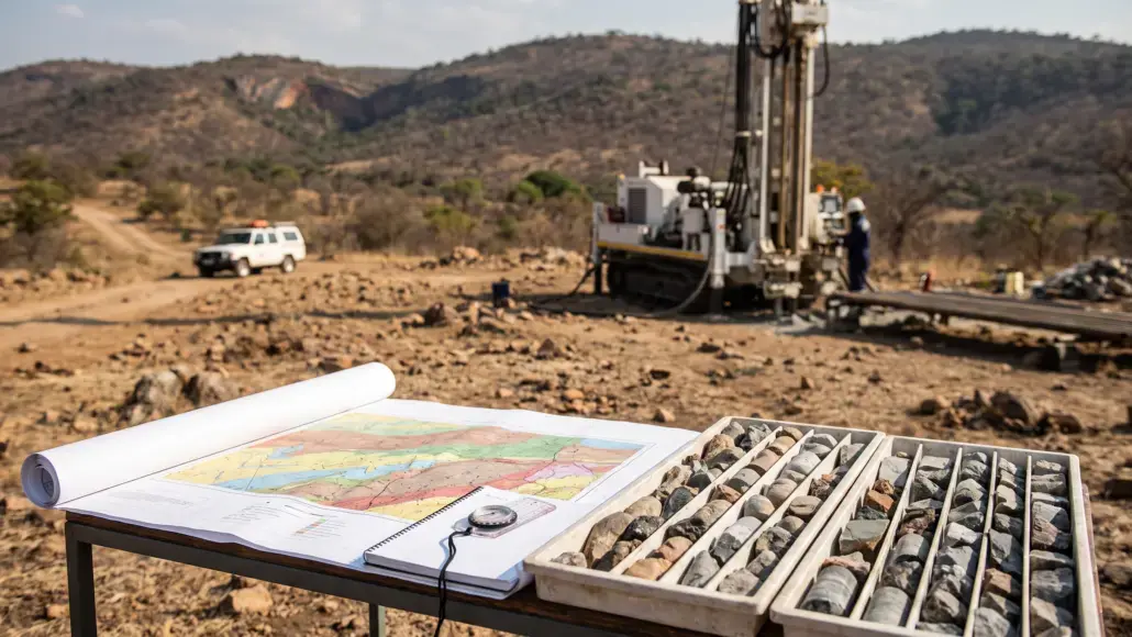 Field drilling site with a drilling rig in an arid landscape; a table holds a color map and trays of rock samples nearby.