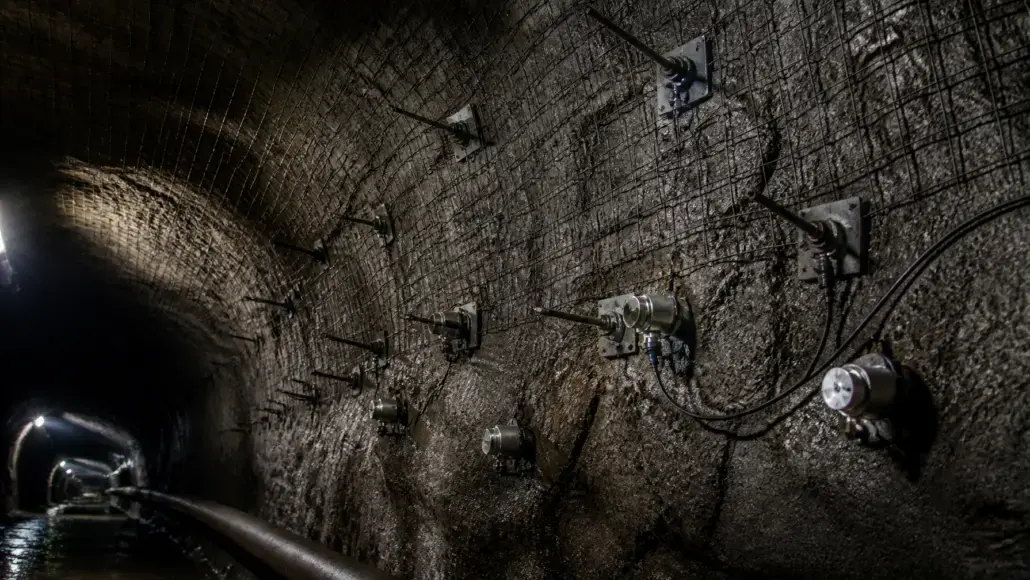 Underground tunnel with a curved rock wall and multiple sensors and cables mounted along the side.