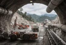 Discovery Deeps 2 Mine Opens at Sepon Operation in Lao PDR Construction site inside a tunnel with heavy machinery and a rock conveyor belt in operation.