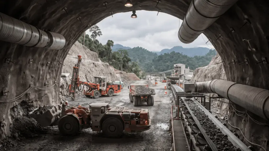 Construction site inside a tunnel with heavy machinery and a rock conveyor belt in operation.