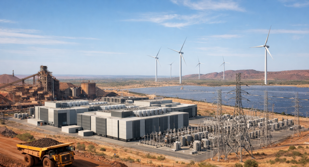 Industrial facility in a desert with large buildings, solar panels, wind turbines, and power infrastructure in the background, plus a yellow dump truck in the foreground