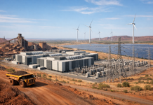 Fortescue AI Data Centres Planned for the Pilbara Region Industrial facility in a desert with large buildings, solar panels, wind turbines, and power infrastructure in the background, plus a yellow dump truck in the foreground