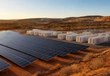 Evolution Mining Expands Mine Energy Infrastructure in Australia Rows of solar panels deployed on reddish desert ground with white battery storage units in the background.