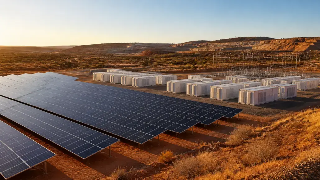 Rows of solar panels deployed on reddish desert ground with white battery storage units in the background.