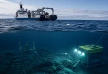 US and Japan Advance Rare Earth Mining Project Remotely operated underwater vehicle with lights on the seafloor, tethered to a research ship above.