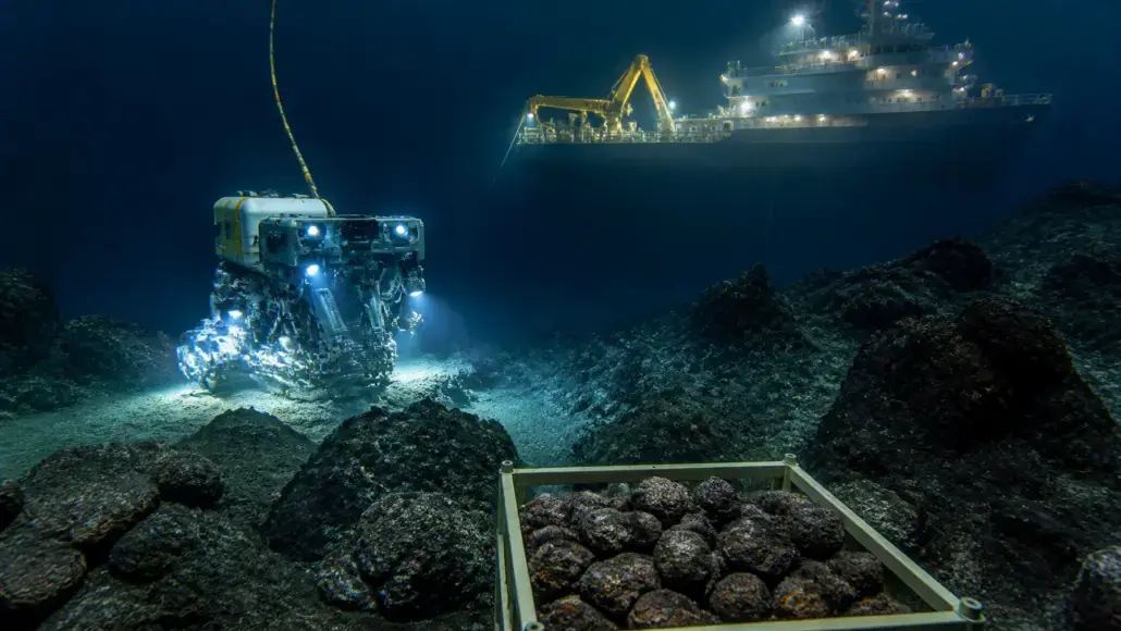 Underwater scene: a blue-lit ROV on the seabed near a crate of rocky nodules, with a illuminated support ship and crane in the background above.