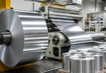 Packaging Demand Supporting Aluminium Foil Consumption Industrial metal processing line: large roll of shiny aluminum sheet unwinding and passing through rollers in a factory setting with smaller rolls on pallets nearby.