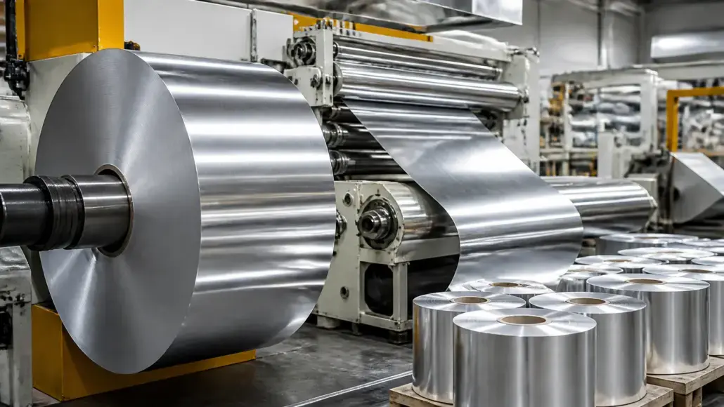 Industrial metal processing line: large roll of shiny aluminum sheet unwinding and passing through rollers in a factory setting with smaller rolls on pallets nearby.