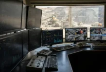 Mining Digital Solutions Support Production and Safety Control room with several monitors displaying graphs and metrics, a quarry visible through the window at the back.