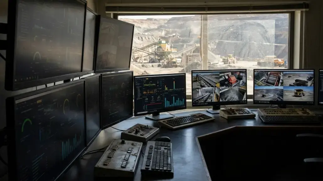 Control room with several monitors displaying graphs and metrics, a quarry visible through the window at the back.