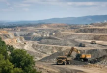 US House Passes Bill to Advance Mining Project Permitting Open-pit mining site with a yellow excavator loading a dump truck on terraced earth under a blue sky.