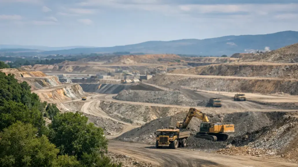 Open-pit mining site with a yellow excavator loading a dump truck on terraced earth under a blue sky.