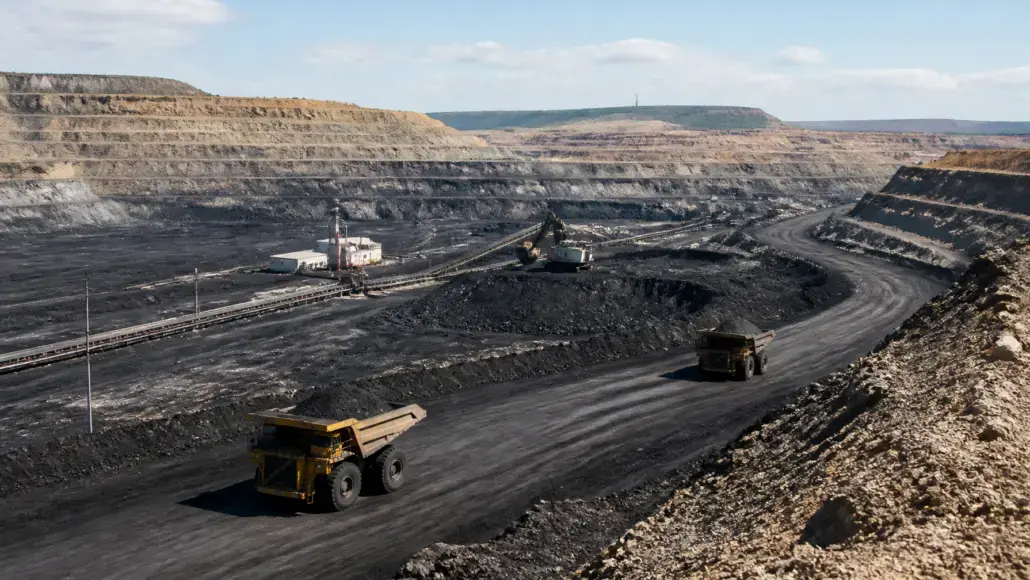 Open-pit coal mine with large haul trucks driving on a dirt road and conveyor belts in the excavation pit.