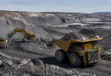 Caterpillar and FieldAI Advance Physical AI in Mining Open-pit mining scene with a large yellow dump truck and excavator moving rock on terraced slopes.
