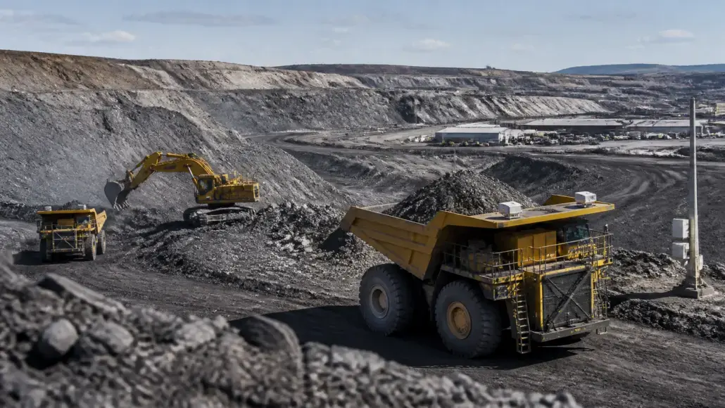 Open-pit mining scene with a large yellow dump truck and excavator moving rock on terraced slopes.