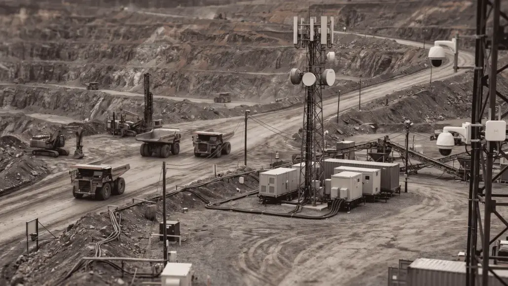 Mining site with large dump trucks and excavators around dirt roads and a central telecom tower with antennas and security cameras.