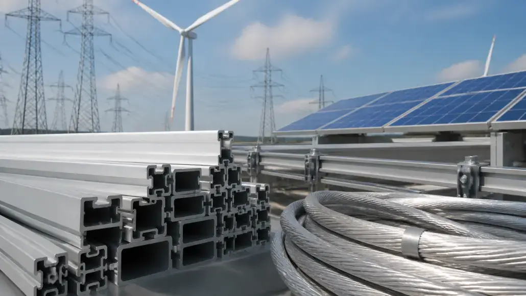 Stacks of aluminum structural beams and coiled steel cables at a renewable energy site with solar panels and a wind turbine in the background, under a blue sky.